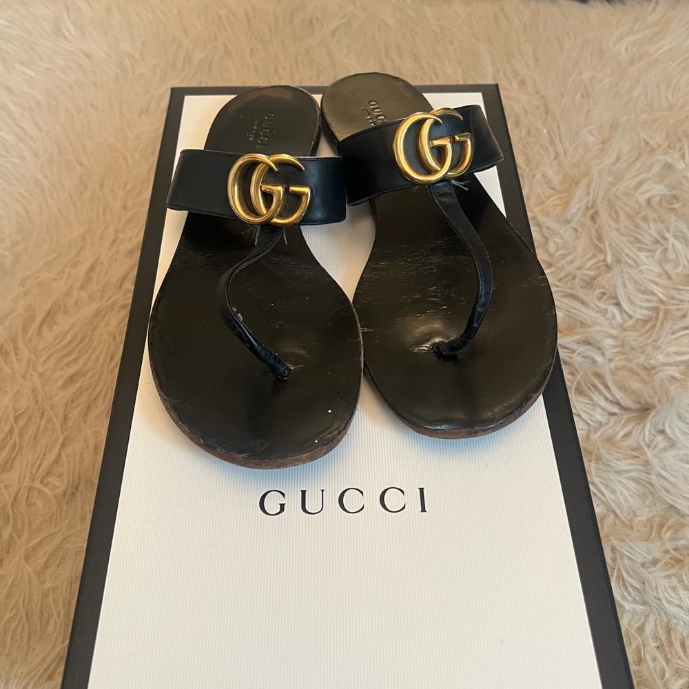 Gucci Black Sandals with Gold Accent